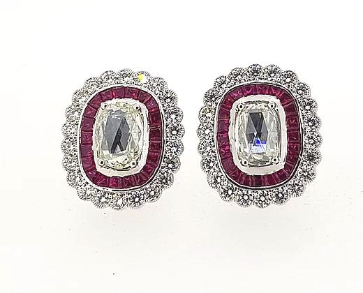 Rose Cut Diamond and Calibre Ruby Earrings, 2.93 carats