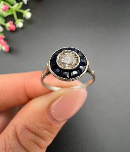Antique 18 ct White Gold And Platinum Art Deco Sapphire And Diamond Target Ring