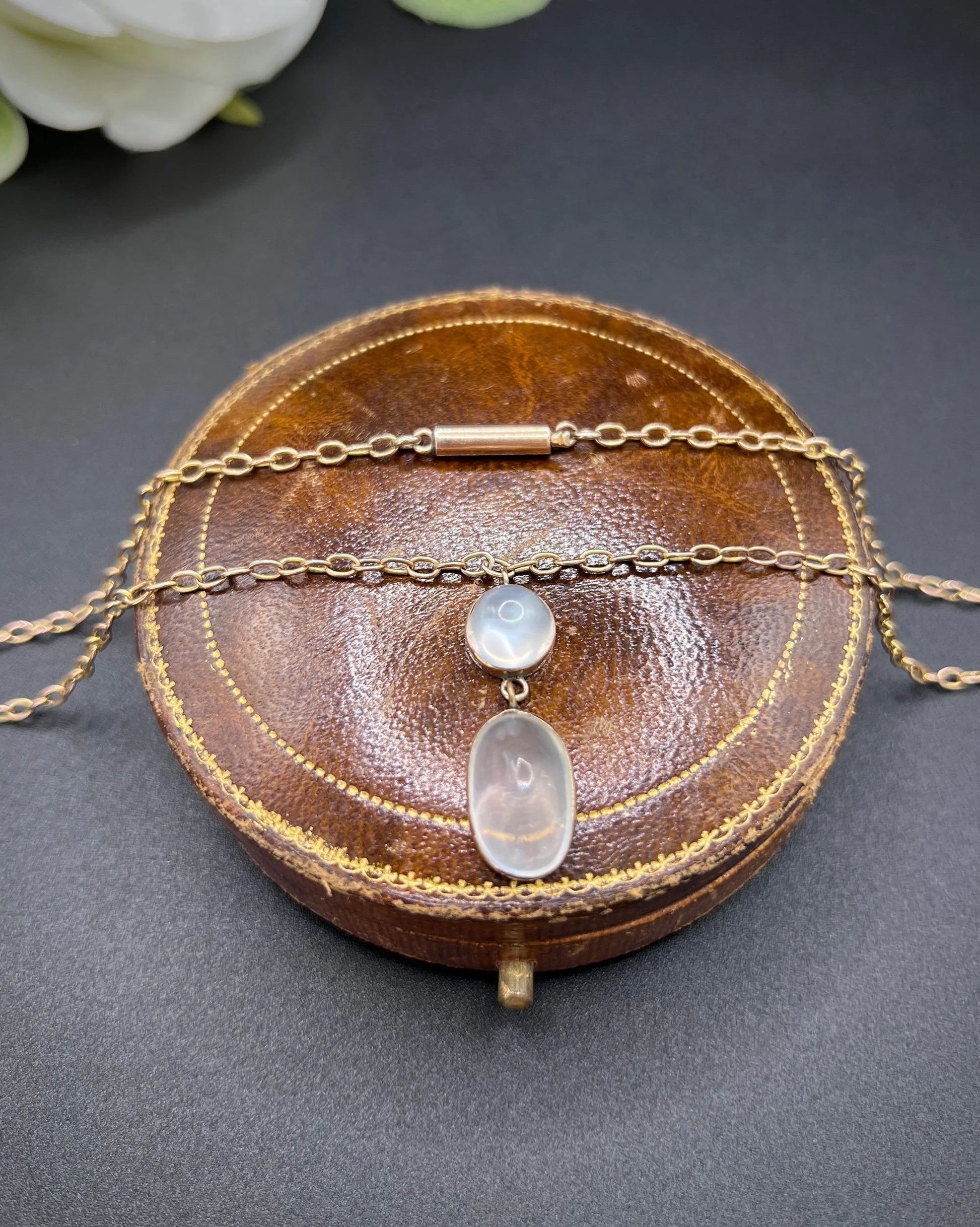 Antique 9 ct Rose Gold, Edwardian Cabochon Moonstone Pendant Necklace