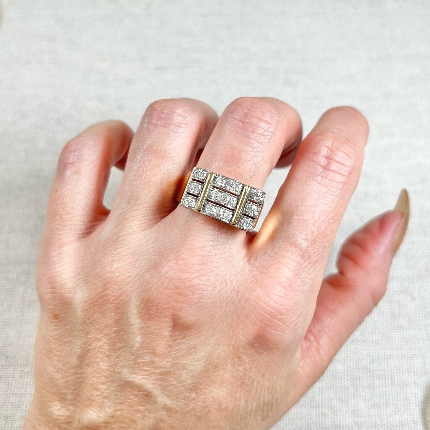 Vintage French 1940s Diamond Cocktail Tank Ring