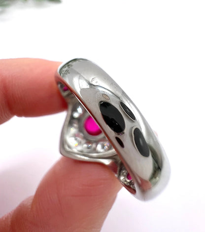 Vintage 14ct White Gold, Cabochon Ruby Heart-Shaped Diamond Cluster Ring