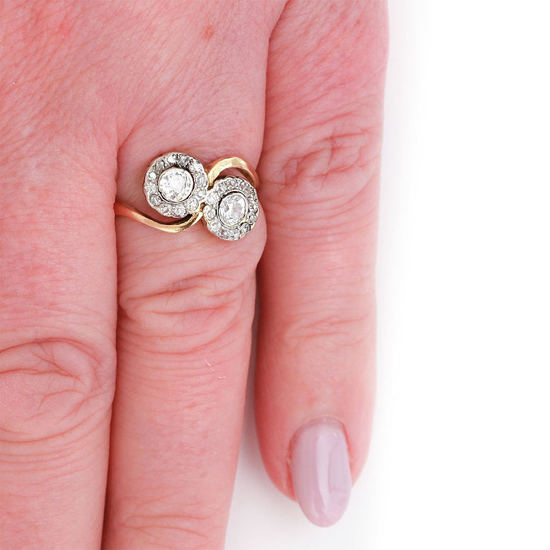 Antique Double Old Cut Diamond Cluster Toi et Moi Crossover Ring