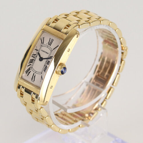 Cartier Tank Américaine Ladies 18ct Yellow Gold Quartz Watch, Ref 1710, white dial, Roman numerals, sapphire crystal, 18ct yellow gold bracelet with double-fold clasp, with Cartier box.