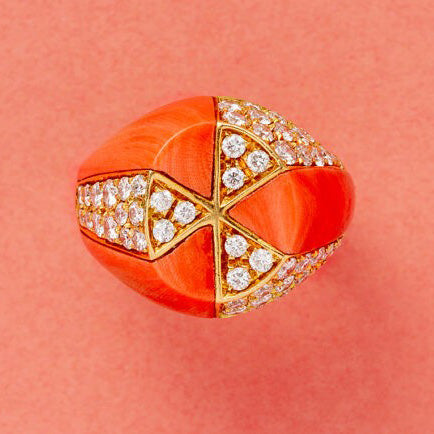 Vintage Coral and Diamond Cocktail Ring by Fred Paris