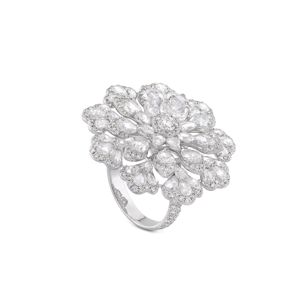 Diamond Flower Cluster Cocktail Ring; set with 54 pear shaped rose cut diamonds surrounded by round brilliant cut diamonds, 4.38 carat total, diamonds have G/H colour and VS clarity
