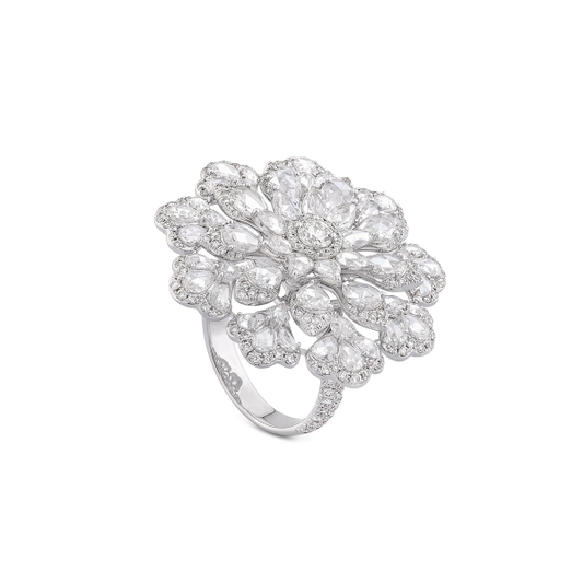 Diamond Flower Cluster Cocktail Ring; set with 54 pear shaped rose cut diamonds surrounded by round brilliant cut diamonds, 4.38 carat total, diamonds have G/H colour and VS clarity
