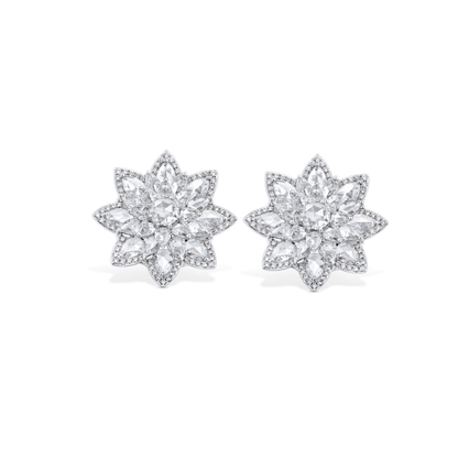 Rose Cut Diamond Daisy Flower Cluster Stud Earrings; set with 5.41 carats of round and pear-shaped rose-cut diamonds accented with round brilliant-cut diamonds