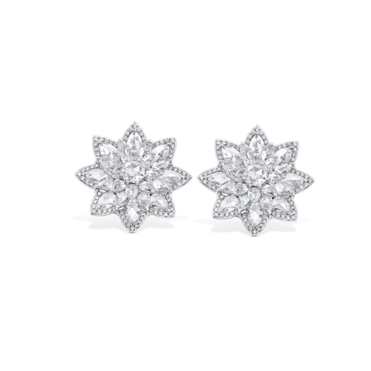 Rose Cut Diamond Daisy Flower Cluster Stud Earrings; set with 5.41 carats of round and pear-shaped rose-cut diamonds accented with round brilliant-cut diamonds
