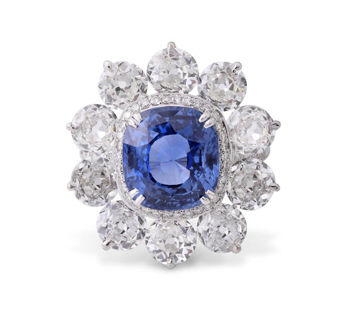 Natural Sapphire and Old Cut Diamond Ring, 9.06 carats, GRS Certified