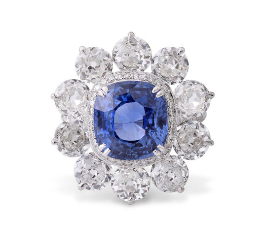 Natural Sapphire and Old Cut Diamond Ring, 9.06 carats, GRS Certified