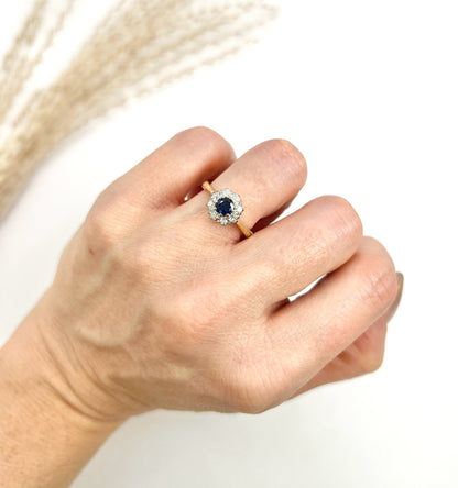 Vintage 18 ct Gold Stamped, 1960's Sapphire And Diamond Cluster Engagement Ring