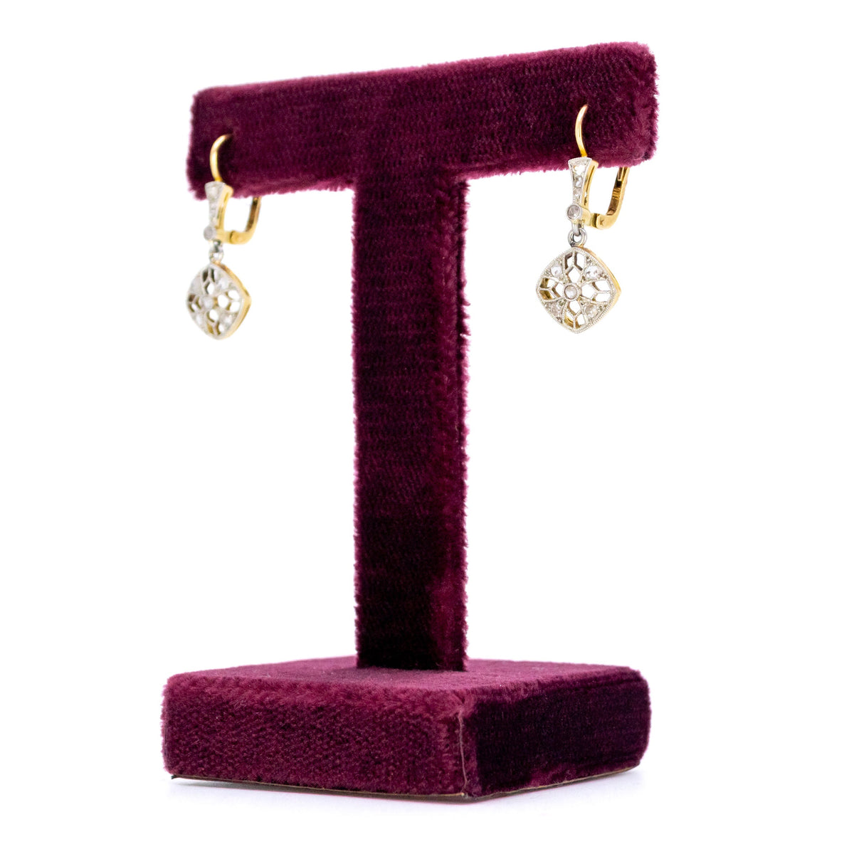 Antique Rose Cut Diamond Cluster Drop Earrings in 18ct White and Yellow Gold