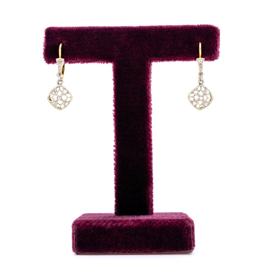 Antique Rose Cut Diamond Cluster Drop Earrings in 18ct White and Yellow Gold