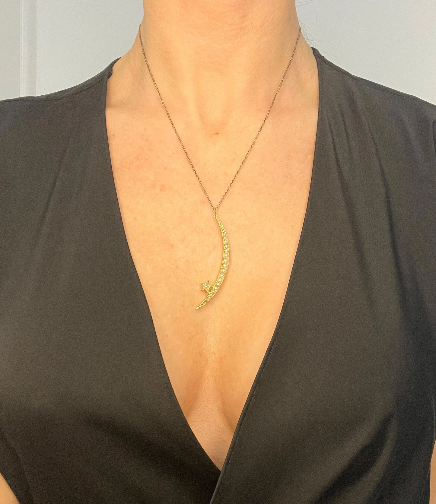 Antique 15ct Gold, Edwardian Pearl Crescent Moon & Star Pendant, Celestial Jewellery