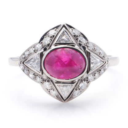 Art Deco Style Vintage 0.75ct Cabochon Ruby and Diamond Cluster Ring