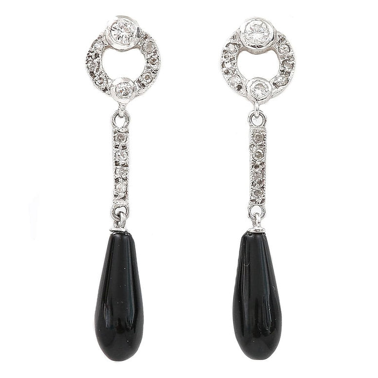 Art Deco Style Onyx and Diamond Drop Earrings