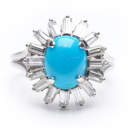 Vintage 2ct Cabochon Turquoise and Baguette Diamond Cluster Ring by Aldao