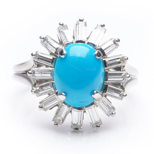 Vintage 2ct Cabochon Turquoise and Baguette Diamond Cluster Ring by Aldao
