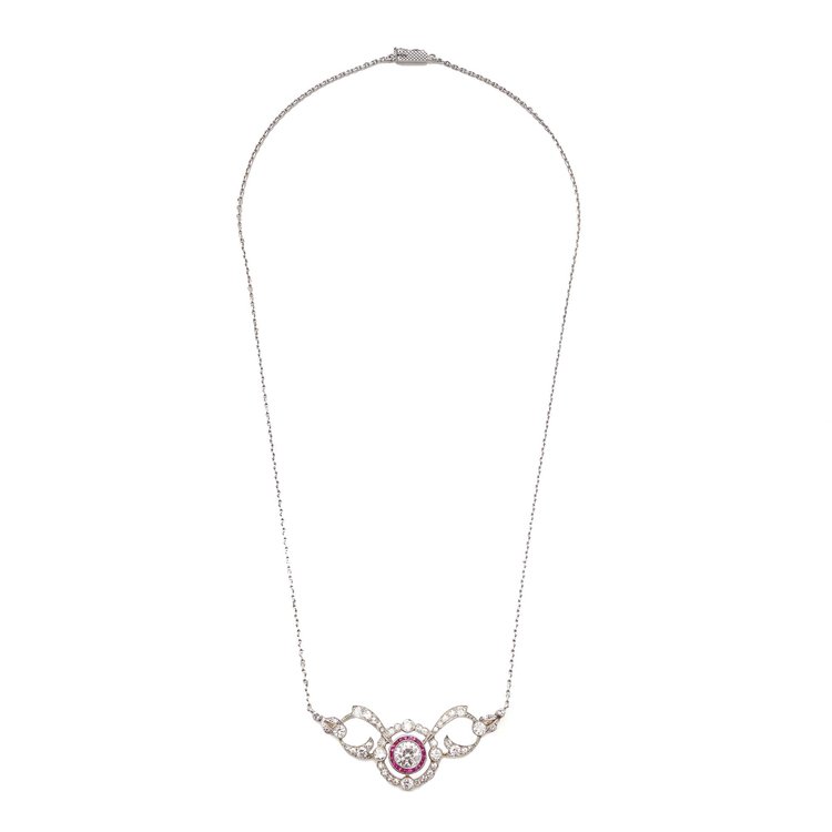 Antique Edwardian French 2.24ct Old Cut Diamond Necklace with Rubies