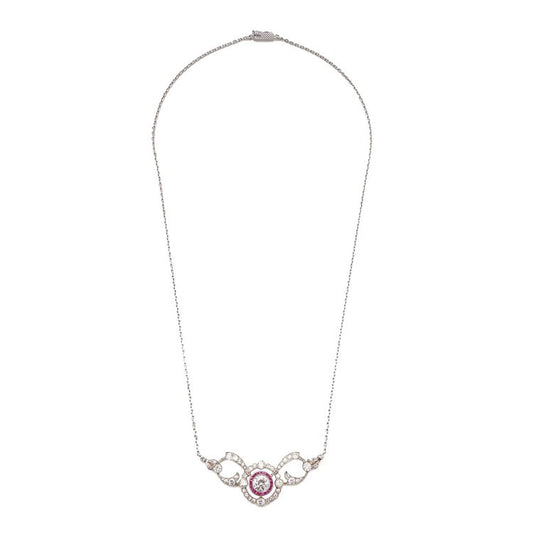 Antique Edwardian French 2.24ct Old Cut Diamond Necklace with Rubies