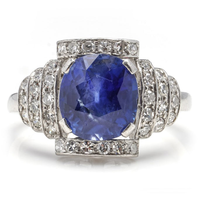 Vintage 2.9ct Natural Ceylon Sapphire and Diamond Cluster Ring in Platinum