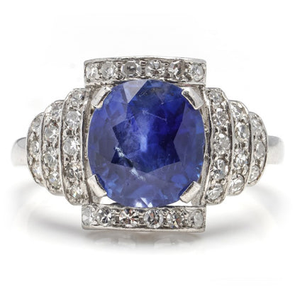 Vintage 2.9ct Natural Ceylon Sapphire and Diamond Cluster Ring in Platinum