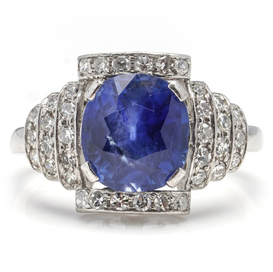 Vintage 2.9ct Natural Ceylon Sapphire and Diamond Cluster Ring in Platinum