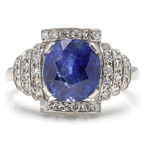 Vintage 2.9ct Natural Ceylon Sapphire and Diamond Cluster Ring in Platinum