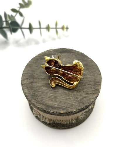 Vintage 18 Carat Yellow Gold Cat Brooch with Diamond Eyes and Collar, London 1962