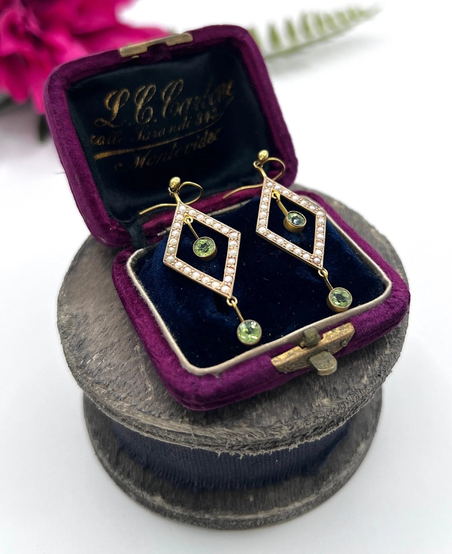 Edwardian 9 Carat Gold Peridot and Seed Pearl Drop Earrings, Circa 1910