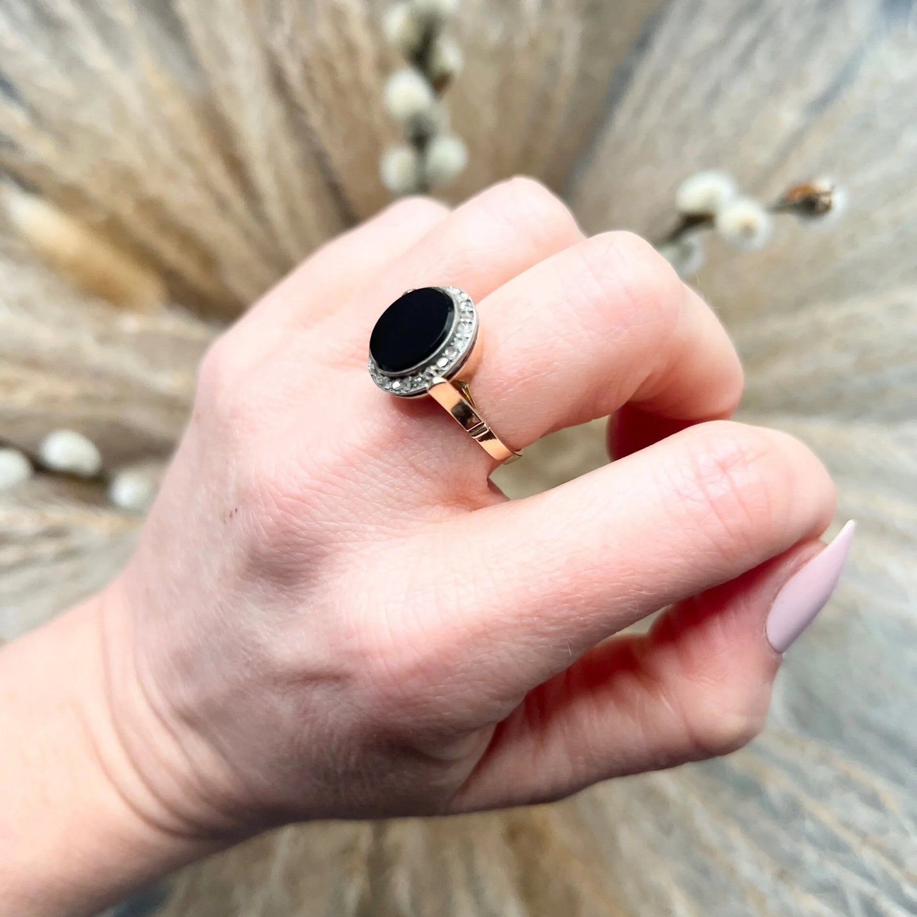 Art Deco Vintage Onyx and Diamond Halo Cluster Target Ring