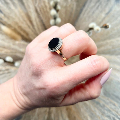 Art Deco Vintage Onyx and Diamond Halo Cluster Target Ring