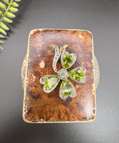 Edwardian Antique Peridot and Diamond Four Leaf Clover Pendant