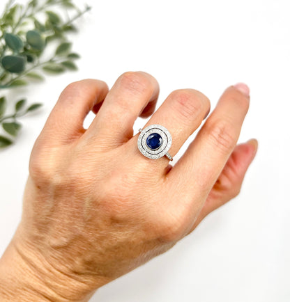 Preloved Vintage Sapphire & Diamond Double Halo Engagement Ring, Target Ring