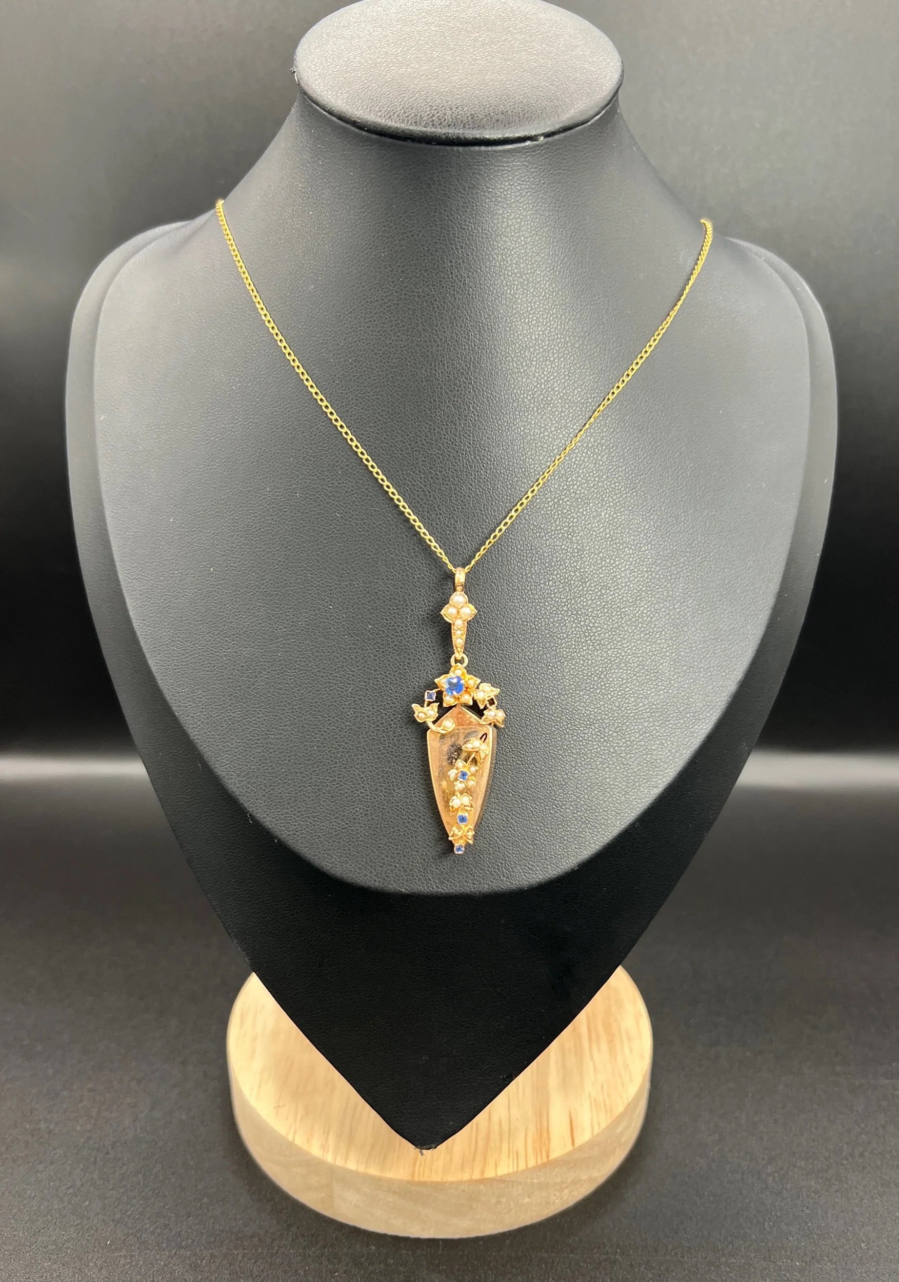 Antique 15 Carat Rose Gold Sapphire and Pearl Pendant, Circa 1900