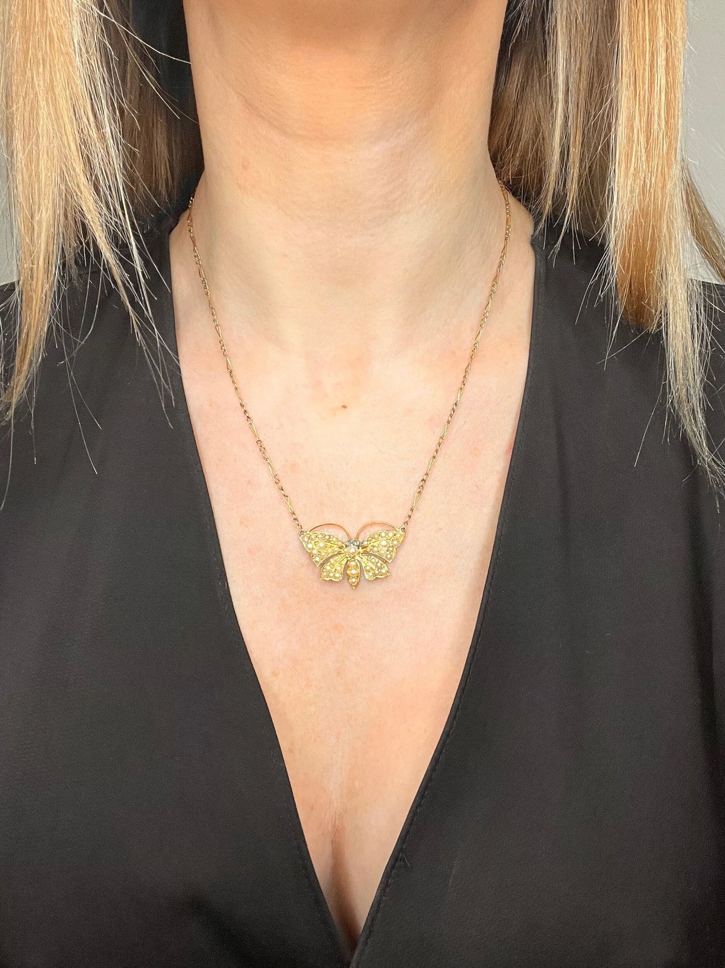 Antique 18 Carat Gold Victorian Butterfly Necklace Set With Pearls And Diamond Eyes