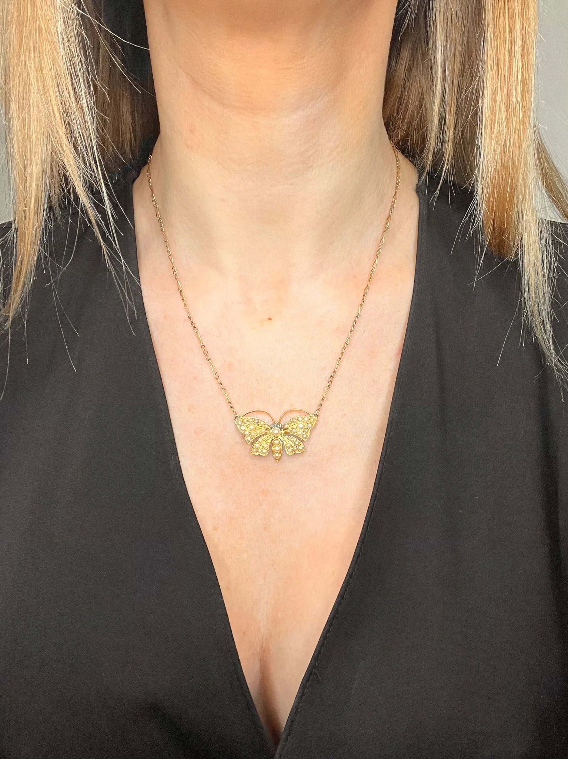 Antique 18 Carat Gold Victorian Butterfly Necklace Set With Pearls And Diamond Eyes