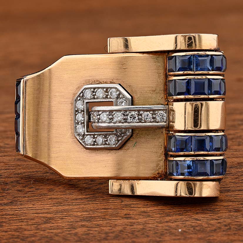 Art Deco Italian Weingrill Sapphire Diamond Gold Buckle Clip Bangle Bracelet
