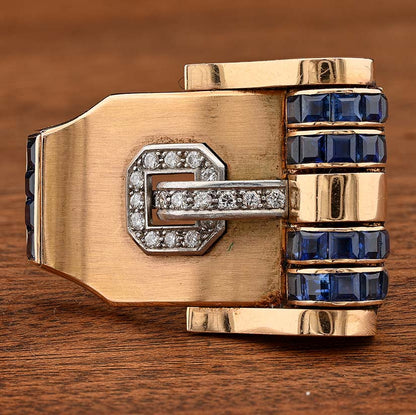 Art Deco Italian Weingrill Sapphire Diamond Gold Buckle Clip Bangle Bracelet