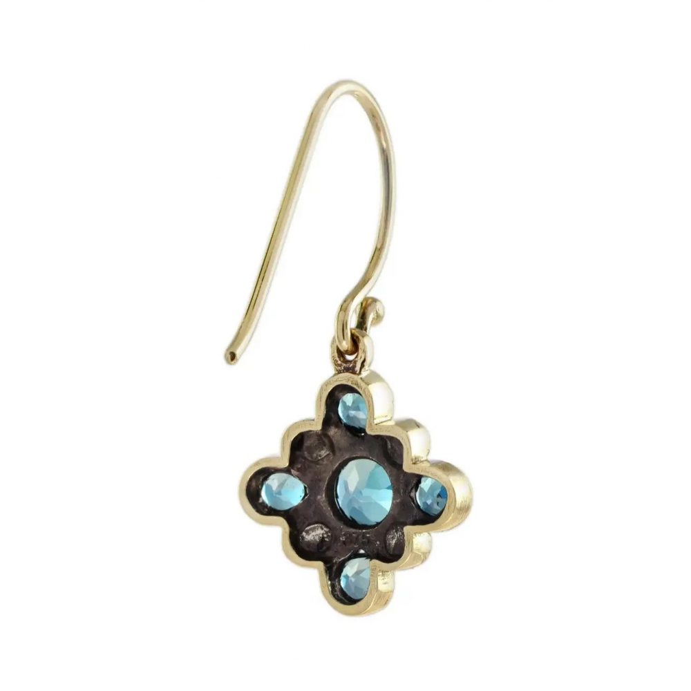 Vintage Style Blue Topaz and Pearl Floral Cluster Drop Earrings