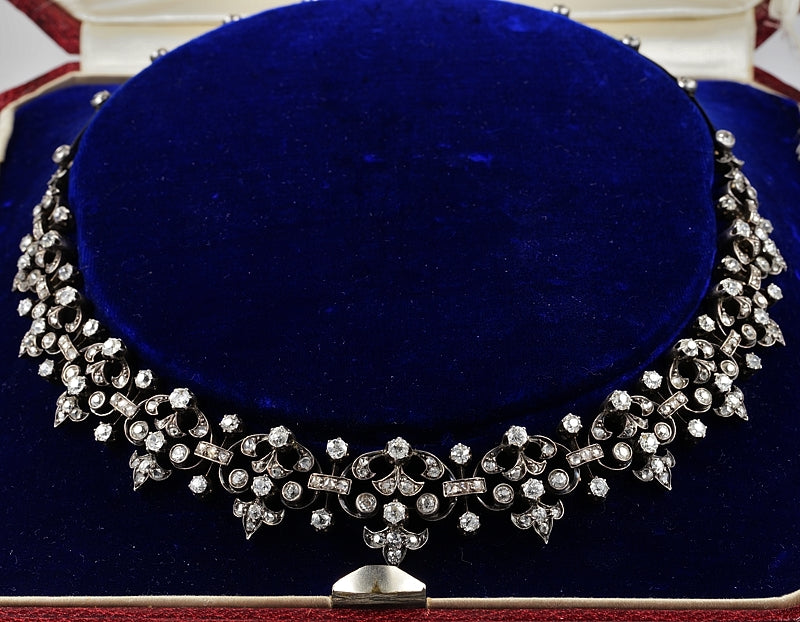 Victorian Antique French 12.20ct Old Mine Cut and Rose Cut Diamond Necklace come Bracelet in Silver and 18ct Rose Gold, Circa 1840