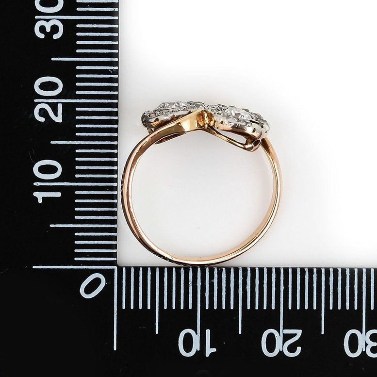 Antique Double Old Cut Diamond Cluster Toi et Moi Crossover Ring