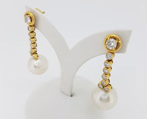 Vintage South Sea Pearl and Diamond Drop Earrings, in 18ct yellow gold