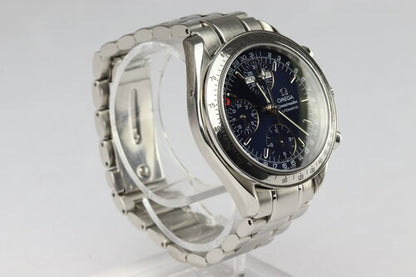 Omega Speedmaster Day Date 38mm Automatic Chronograph Stainless Steel Watch, blue dial with weekday, month and date indicators, steel bracelet strap
