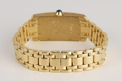 Cartier Tank Américaine Ladies 18ct Yellow Gold Quartz Watch, Ref 1710, white dial, Roman numerals, sapphire crystal, 18ct yellow gold bracelet with double-fold clasp, with Cartier box.