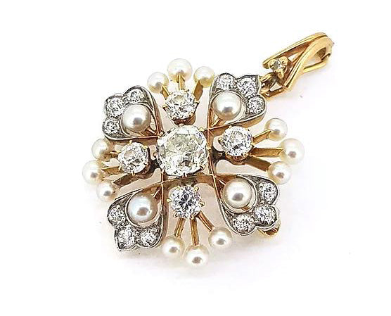 Antique Natural Pearl and Old Cut Diamond Pendant Brooch