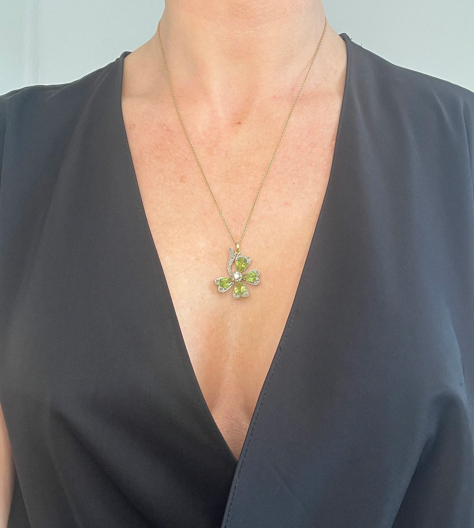 Edwardian Antique Peridot and Diamond Four Leaf Clover Pendant