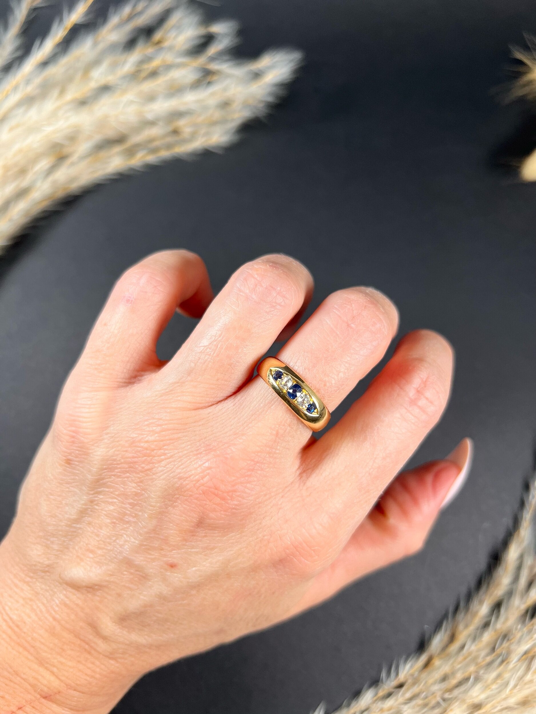 Antique 18ct Yellow Gold, Birmingham Hallmarked 1891, Victorian Sapphire & Diamond Five Stone Gypsy Band Ring