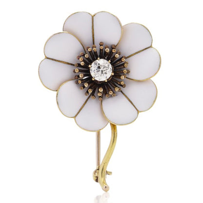 Antique Edwardian Diamond White Enamel and Gold Flower Brooch