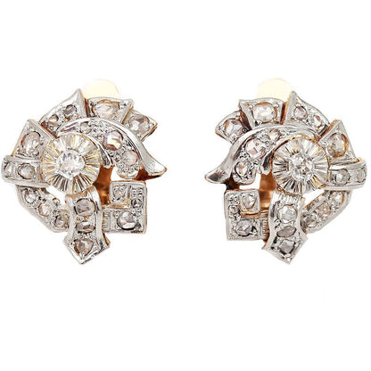 Vintage 1ct Rose Cut Diamond Cluster Earrings in 18ct Gold